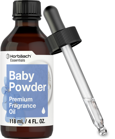 Horbaach Baby Powder Premium Fragrance Oil bottle with dropper on a white background