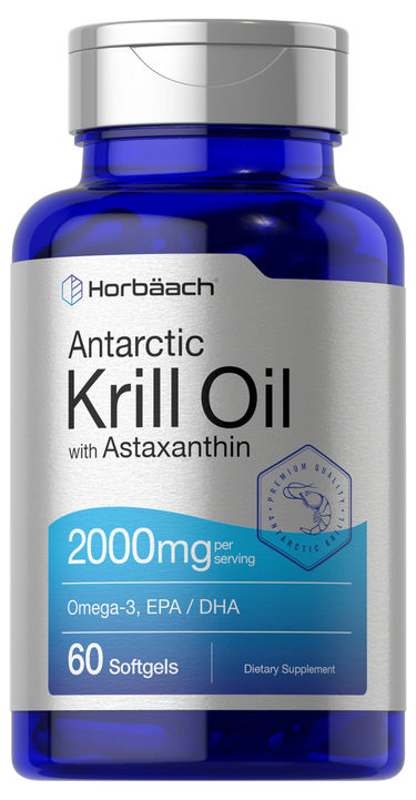 Horbaach Antarctic Krill Oil supplement bottle with blue and silver design on a white background