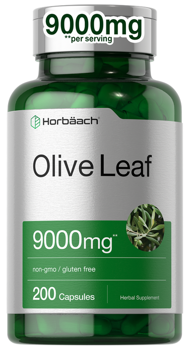 View 1 Olive leaf supplement bottle with '9000mg' label on a white background