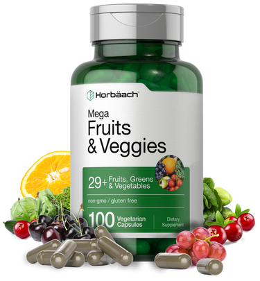 View 1 Horbaach Mega Fruits & Veggies supplement bottle with fruits and vegetables on a white background