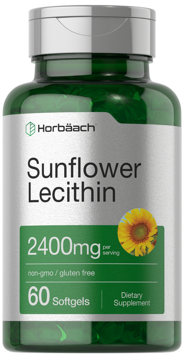 Green supplement bottle labeled 'Sunflower Lecithin' with Horbaach branding on a white background.