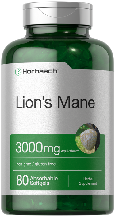 View 1 Supplement bottle labeled 'Lion's Mane' with Horbaach branding on a white background