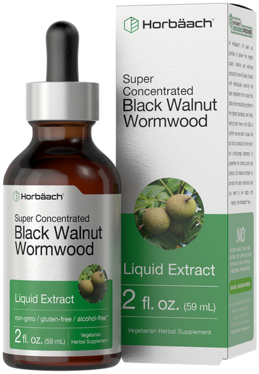 View 1 Horbaach Black Walnut Wormwood liquid extract bottle and packaging on a white background