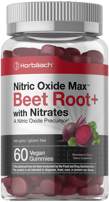 View 1 Bottle of Horbaach Nitric Oxide Max Beet Root+ gummies with a red label.