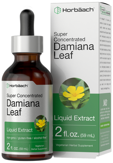 View 1 Horbäach Damiana Leaf Liquid Extract bottle and packaging on a white background