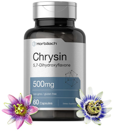 View 1 Horbaach Chrysin supplement bottle with two passion flowers on a white background