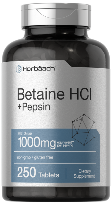 View 1 Supplement bottle labeled 'Betaine HCl + Pepsin' by Horbaach on a white background