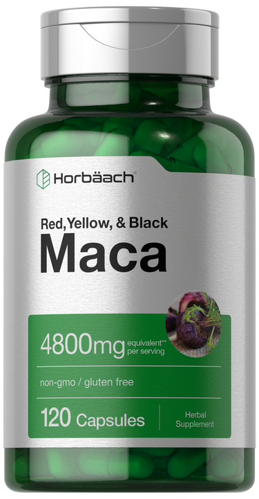 Green supplement bottle labeled 'Maca' with branding on a white background