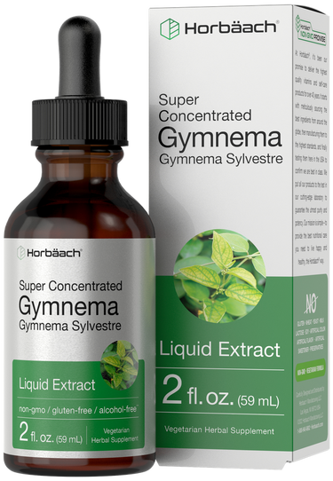 View 1 Horbäach Gymnema Sylvestre liquid extract bottle and packaging on a white background