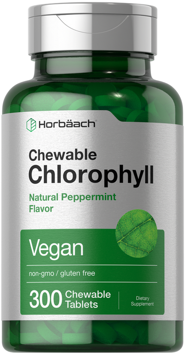 View 1 Green bottle of Horbaach Chewable Chlorophyll with silver cap on a white background