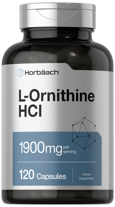 View 2 Supplement bottle labeled 'L-Ornithine HCl' with Horbaach branding on a white background