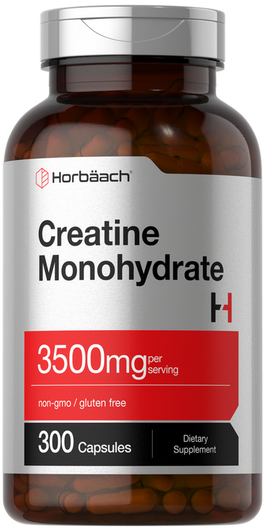 Supplement bottle of Creatine Monohydrate with Horbaach branding on a white background