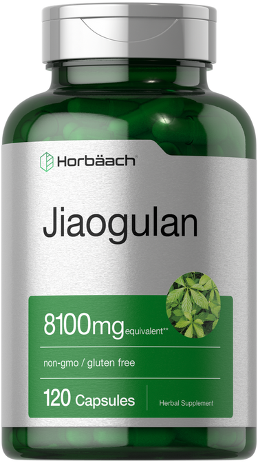 View 1 Horbaach Jiaogulan supplement bottle with green and silver design