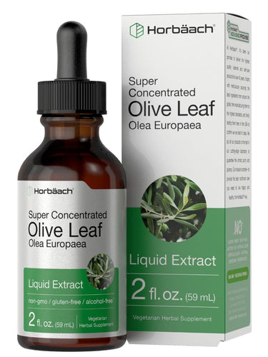 View 1 Horbaach Super Concentrated Olive Leaf Liquid Extract bottle and packaging on a white background