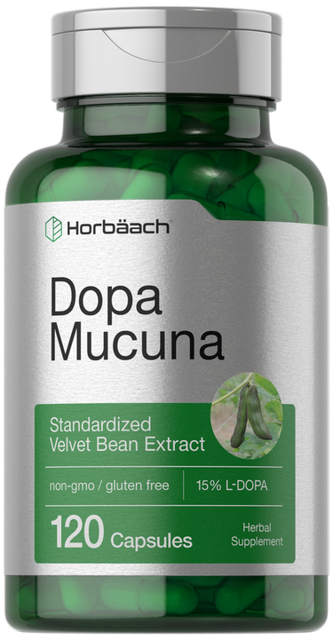 Green supplement bottle labeled 'Dopa Mucuna' by Horbaach on a white background