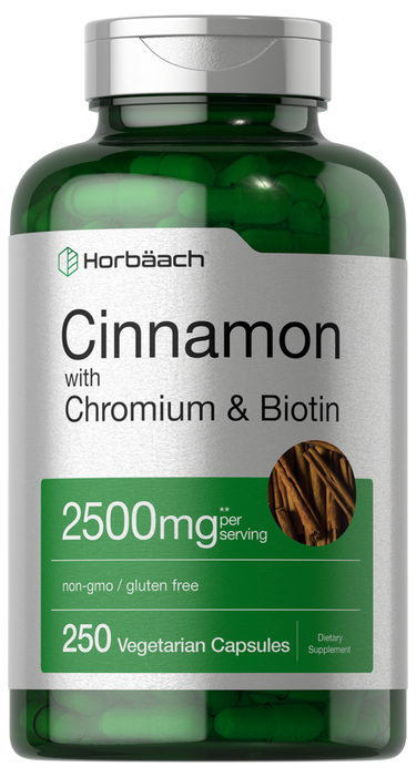 View 1 Horbaach Cinnamon with Chromium & Biotin supplement bottle on a white background