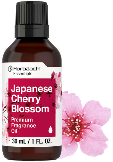 Bottle of Horbaach Japanese Cherry Blossom fragrance oil with a pink flower on a white background