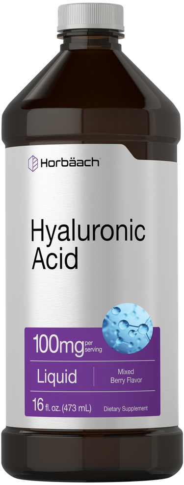 View 1 Bottle of Horbaach Hyaluronic Acid liquid supplement with label