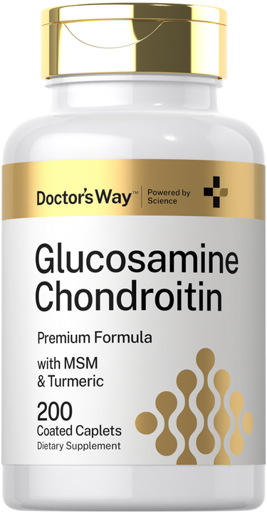 Supplement bottle labeled 'Glucosamine Chondroitin' with branding on a white background