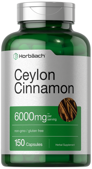 View 1 Green supplement bottle labeled 'Ceylon Cinnamon' with Horbaach branding on a white background.