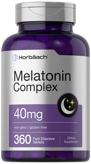 View 1 Bottle of Horbaach Melatonin Complex supplement with purple and silver design.