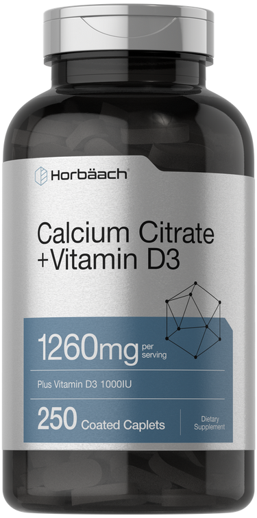 View 1 Bottle of Horbaach Calcium Citrate + Vitamin D3 supplement on a white background