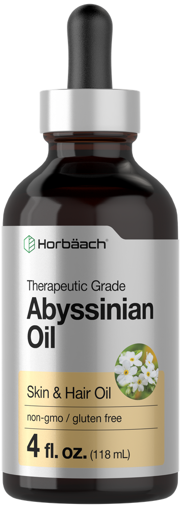 View 1 Bottle of Abyssinian oil with dropper labeled 'Horbaach' on a white background
