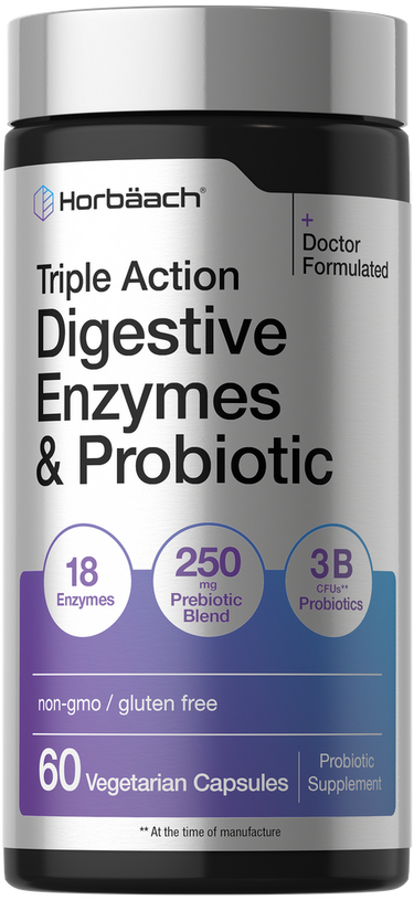 View 1 Horbäach Triple Action Digestive Enzymes and Probiotic with 60 Vegetarian Capsules shown on a scale.