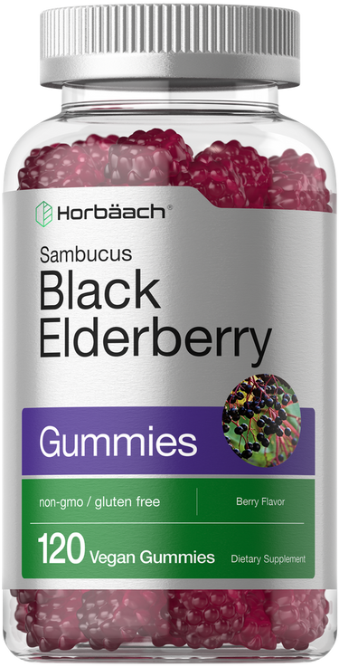 Bottle of Horbaach Sambucus Black Elderberry Gummies with a clear container showing red gummies.