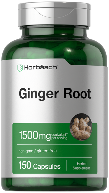 View 1 Green supplement bottle labeled 'Ginger Root' with Horbaach branding on a white background