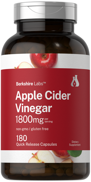 View 1 Bottle of Berkshire Labs Apple Cider Vinegar capsules with a red label.