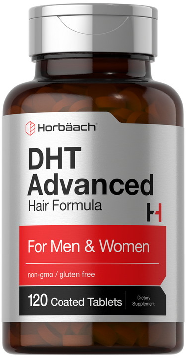 View 1 Bottle of DHT Advanced Hair Formula by Horbaach with a silver cap and label.