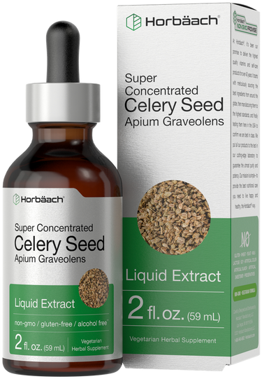 View 1 Horbaach super concentrated celery seed liquid extract bottle and packaging.