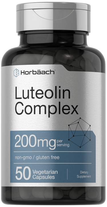 Bottle of Horbaach Luteolin Complex supplement with label showing details.