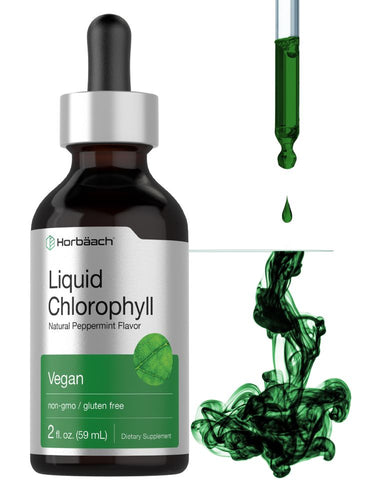 View 1 Bottle of Liquid Chlorophyll with a dropper and green liquid splash on a white background