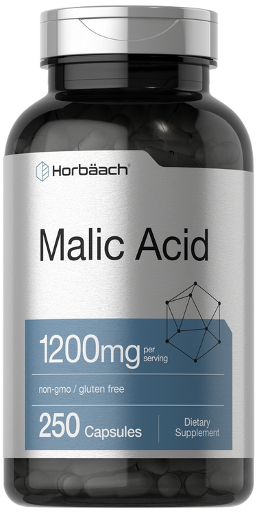 Bottle of Horbaach Malic Acid supplement with label on a white background