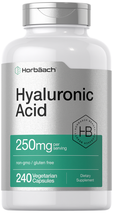 Hyaluronic Acid supplement bottle with Horbaach branding on a white background
