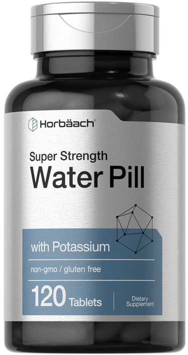 View 1 Supplement bottle labeled 'Super Strength Water Pill with Potassium' by Horbaach on a white background.