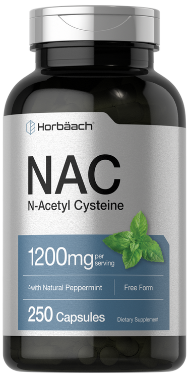 Supplement bottle labeled NAC with Horbaach branding on a white background
