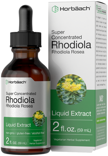 Bottle and packaging of Horbaach Super Concentrated Rhodiola Rosea Liquid Extract, 2 fl oz.