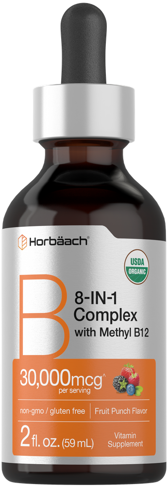 View 1 A 59 mL bottle of liquid vitamin supplement, B 8-IN-1 Complex with Methyl B12, 2 fl. oz.