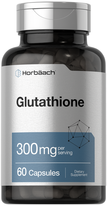 View 1 Supplement bottle labeled 'Glutathione 300mg' by Horbaach on a white background
