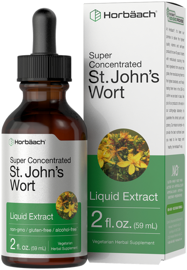 View 1 Horbaach St. John's Wort liquid extract bottle and packaging on a white background