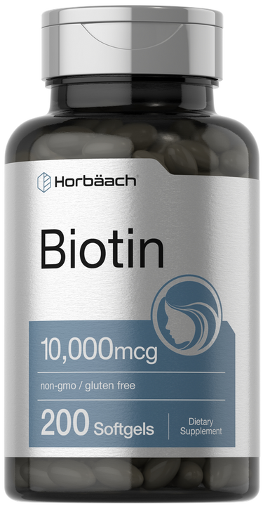 View 1 Bottle of Horbaach Biotin supplement with 10,000mcg and 200 softgels on a white background