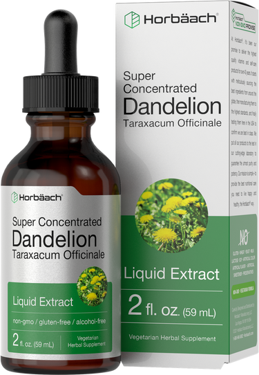 View 1 Horbaach Super Concentrated Dandelion Liquid Extract bottle and packaging on a white background