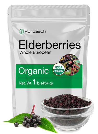 View 1 Horbaach organic elderberries package with a bowl of elderberries on a white background