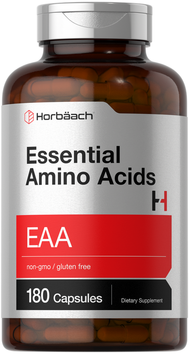 View 1 Bottle of Horbaach Essential Amino Acids EAA capsules with a silver cap.