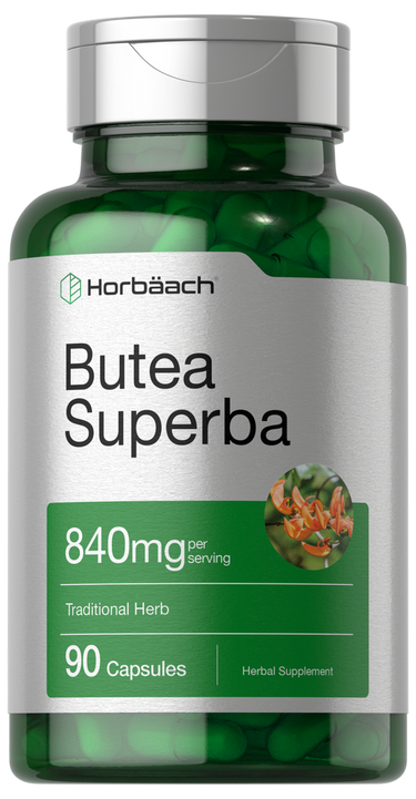 View 1 Bottle of Horbaach Butea Superba supplement with green and silver design.