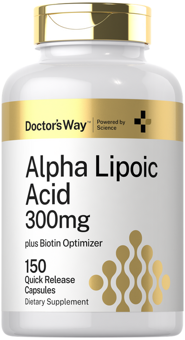 Supplement bottle labeled 'Alpha Lipoic Acid 300mg' by Doctor's Way on a white background