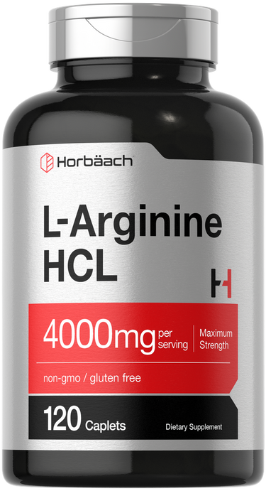 Supplement bottle of L-Arginine HCL with Horbaach branding on a black background